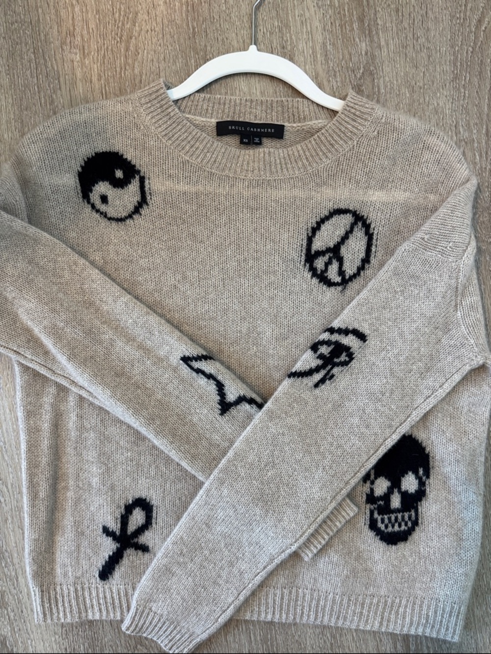 Skull Cashmere Beige Sweater with Black Symbol Intarsia